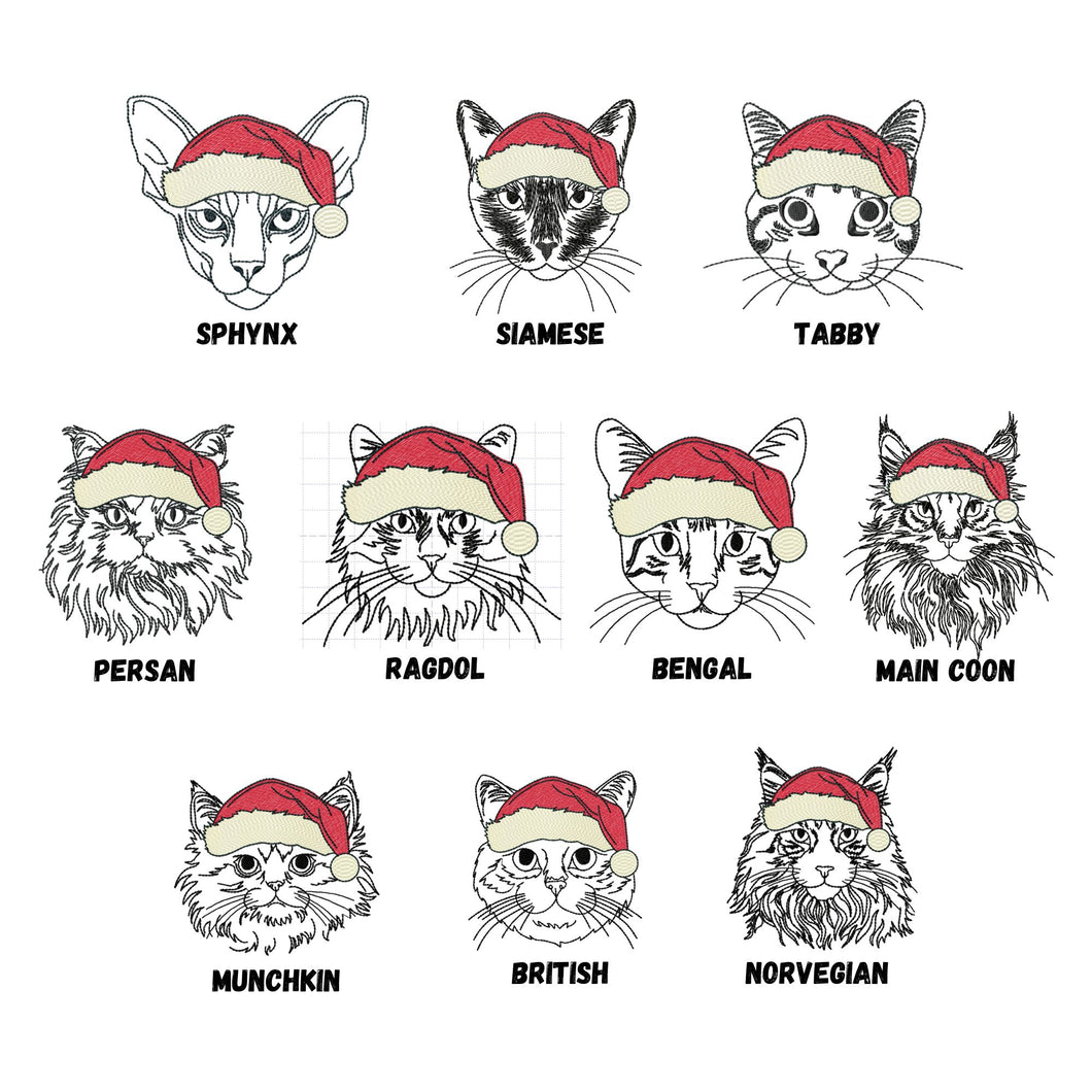 10 Cat face with Santa hat machine embroidery designs outline, SKETCH style, multiple sizes and file types-Kraftygraphy