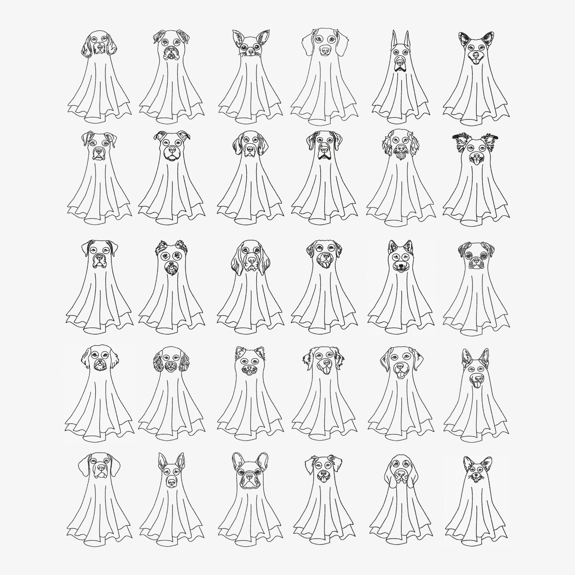 30 Dog ghost machine embroidery design bundle in outline style