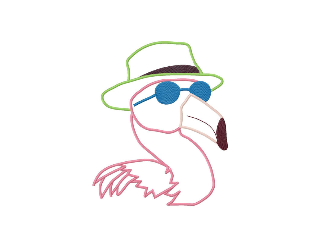 Funny flamingo with sunglasses and hat applique machine embroidery design-Kraftygraphy