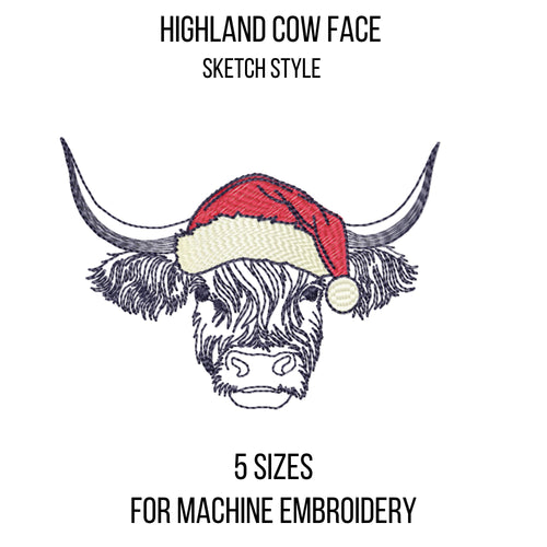 Christmas highland cow with Santa hat machine embroidery design, sketch embroidery, 5 sizes-Kraftygraphy