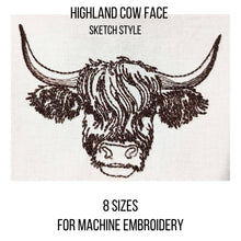 Load image into Gallery viewer, Highland cow face machine embroidery design, sketch style embroidery files, 8 sizes-Kraftygraphy
