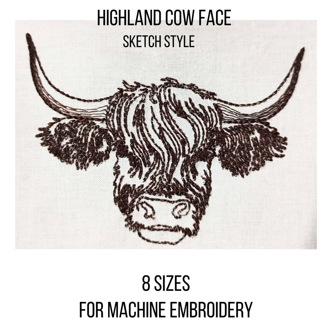 Highland cow face machine embroidery design, sketch style embroidery files, 8 sizes-Kraftygraphy