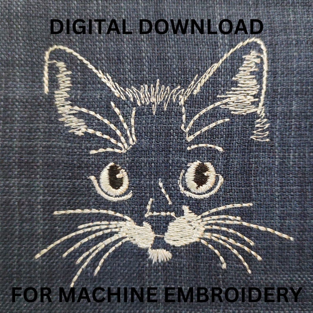 Cute kitten face machine embroidery design for DARK fabrics, 8 sizes-Kraftygraphy