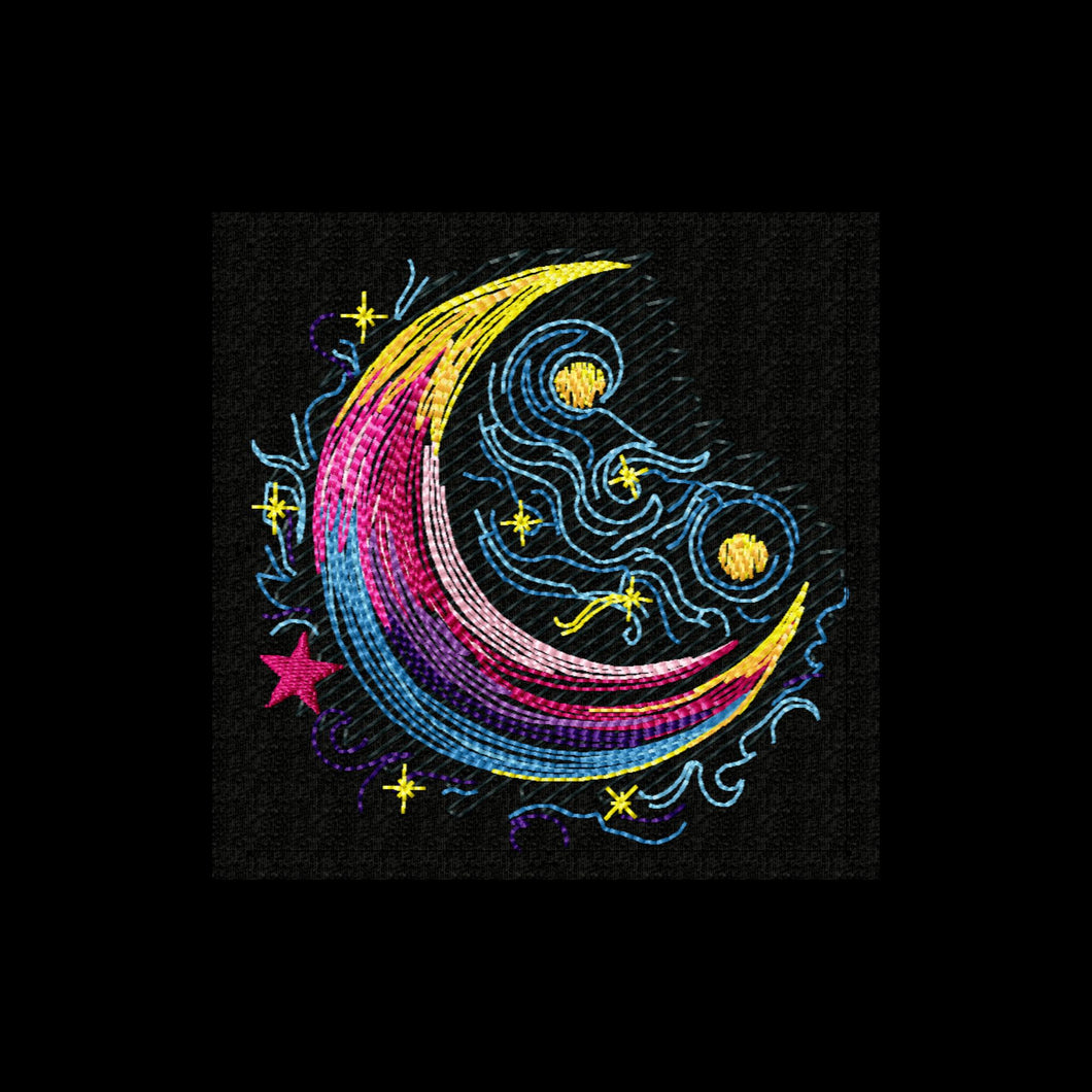 Glowing crescent moon machine embroidery design for dark fabrics-Kraftygraphy
