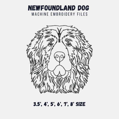 Newfoundland dog face machine embroidery design, multiple sizes and file types, outline sketch style-Kraftygraphy