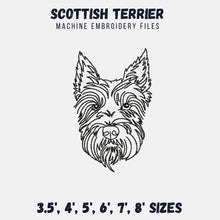Load image into Gallery viewer, Scottie dog face machine embroidery design, Scottish terrier embroidery files, multiple sizes, outline style-Kraftygraphy
