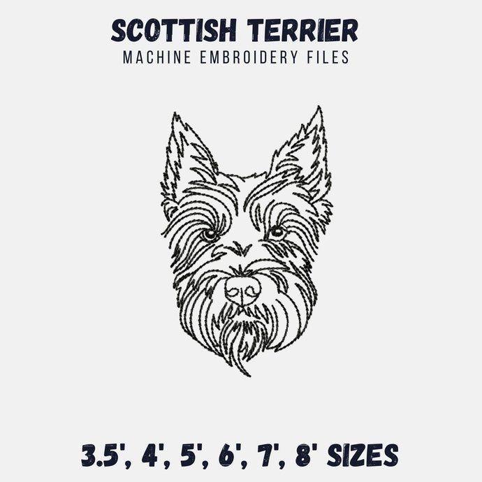 Scottie dog face machine embroidery design, Scottish terrier embroidery files, multiple sizes, outline style-Kraftygraphy