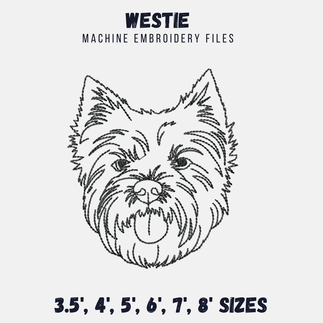 Westie face machine embroidery design, multiple sizes and file types, outline sketch style-Kraftygraphy