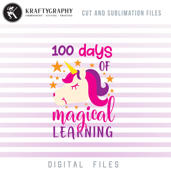 100 Days of School Unicorn SVG, Kindergarten Clipart, First Grade PNG Files, Unicorn Face Dxf Files, Cute Unicorn Head SVG Cutting Files, Girl School Shirt SVG, School SVG-Kraftygraphy