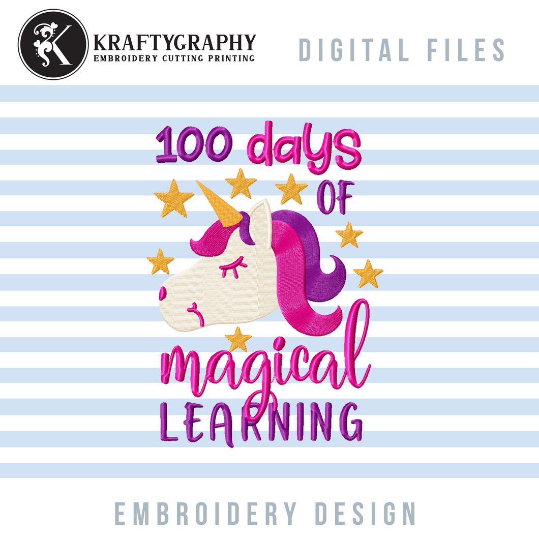 100 Days of School Unicorn Machine Embroidery Designs, Cute Unicorn Face Pes Files,-Kraftygraphy