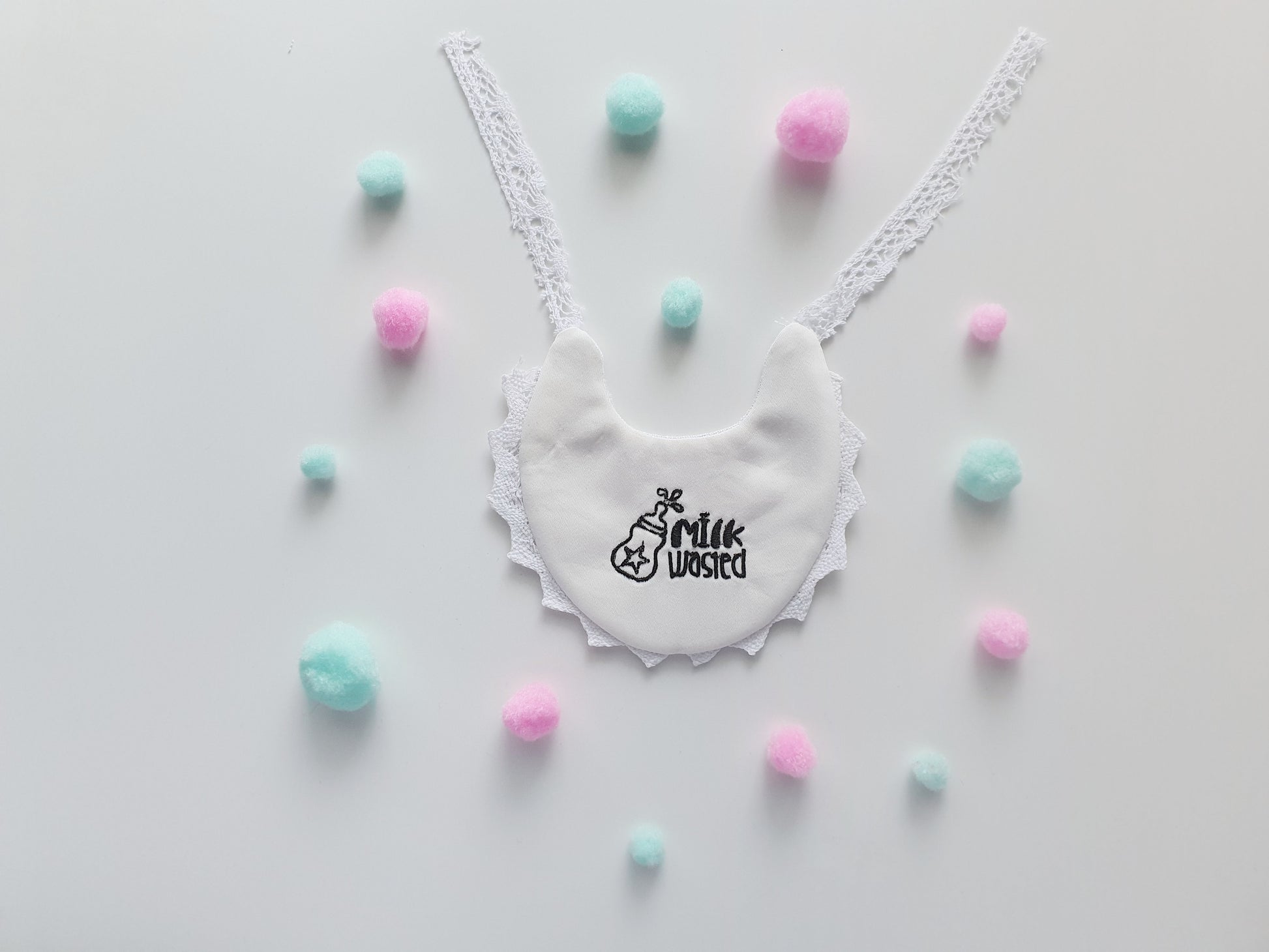 In the Hoop Baby Bib Machine Embroidery Designs, Ith Baby Bib With Lace and POM POM Decoration-Kraftygraphy