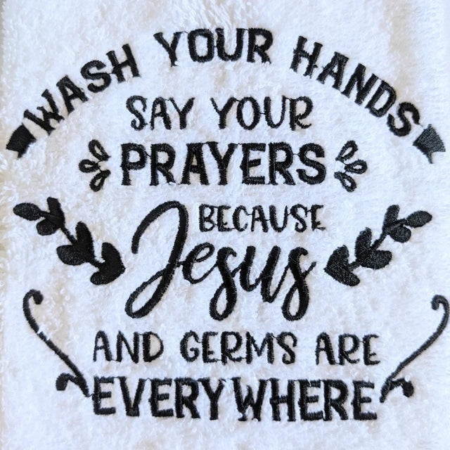 Wash Your Hands Embroidery Designs, Jesus and Germs Embroidery Patterns, Funny Bath Hand Towel Embroidery Files, Kitchen Towels Embroidery, religious embroidery-Kraftygraphy