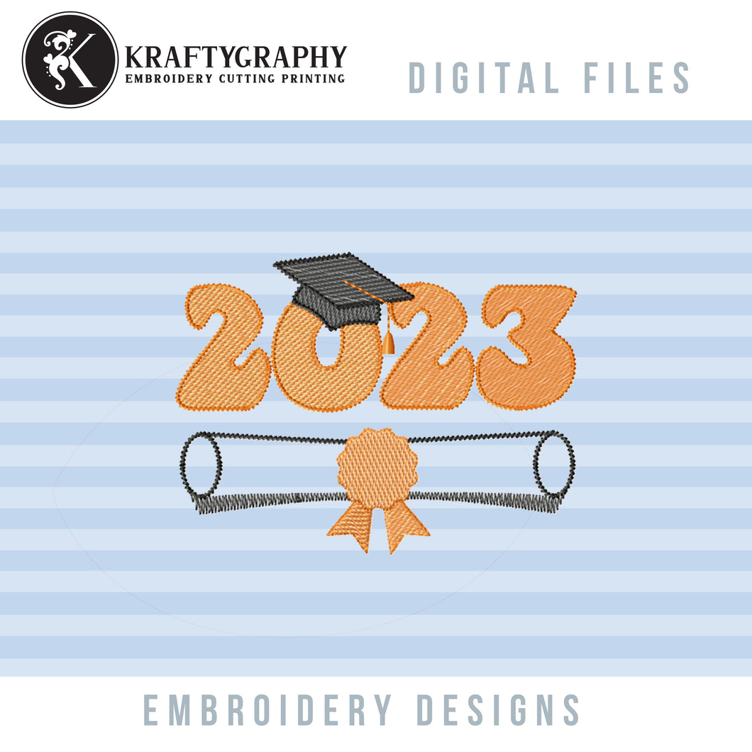 Class of 2023 Sketch Machine Embroidery Designs, Graduation Cap and Diploma Embroidery Patterns, Big Size Pes Embroidery Files-Kraftygraphy