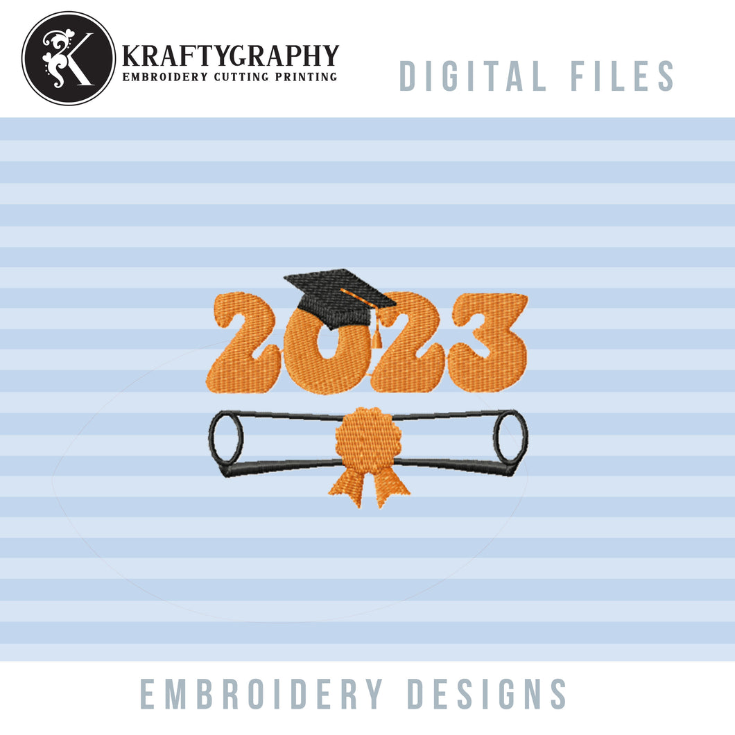 Class of 2023 Machine Embroidery Designs, Graduation Cap and Diploma Embroidery Patterns, Small Size Pes Embroidery Files-Kraftygraphy