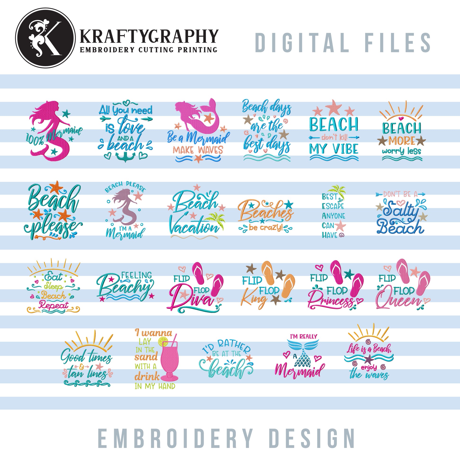 Beach Machine Embroidery Patterns Bundle, Mermaid Embroidery Sayings, Beach Towels Embroidery Designs, Beach Bags Pes Files, Funny Hus, Summer Embroidery Stitches, Vacation Embroidery Word Art-Kraftygraphy