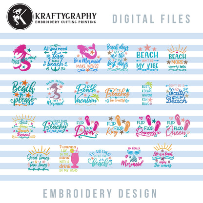 Beach Machine Embroidery Patterns Bundle, Mermaid Embroidery Sayings, Beach Towels Embroidery Designs, Beach Bags Pes Files, Funny Hus, Summer Embroidery Stitches, Vacation Embroidery Word Art-Kraftygraphy