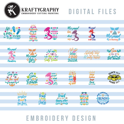 Beach Machine Embroidery Patterns Bundle, Mermaid Embroidery Sayings, Beach Towels Embroidery Designs, Beach Bags Pes Files, Funny Hus, Summer Embroidery Stitches, Vacation Embroidery Word Art-Kraftygraphy