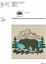Load image into Gallery viewer, Mountain scene with bear and lake embroidery design-Kraftygraphy
