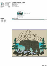Load image into Gallery viewer, Mountain scene with bear and lake embroidery design-Kraftygraphy
