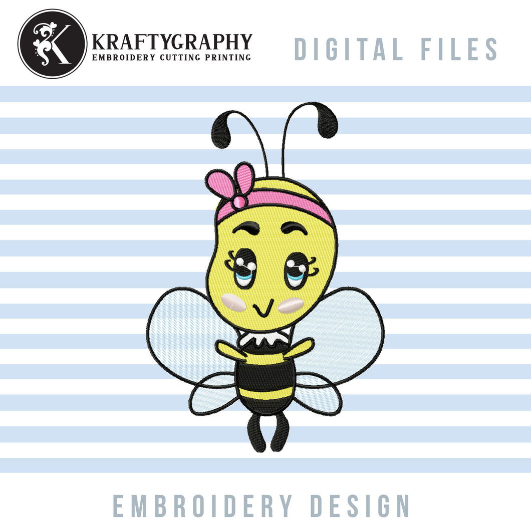 Cute Little Bee Machine Embroidery Designs, Baby Bee Embroidery Patterns, Baby Girl Shirt Pes Files, Honey Bee Embroidery Files, Bumble Bee Applique, Small Bee, Large Bee, Big Bee, Cartoon Bee-Kraftygraphy