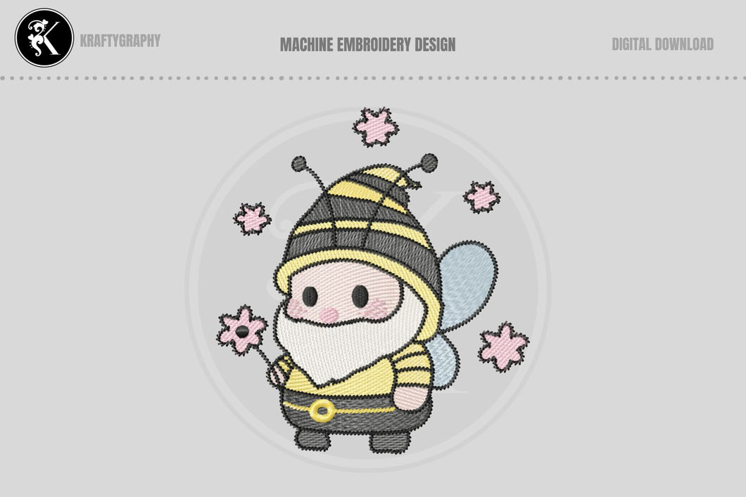 Bumbling Beauty: Adorable Bee Gnome Embroidery Design-Kraftygraphy