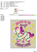 Load image into Gallery viewer, Christmas Unicorn Machine Embroidery Designs, Unicorn With Christmas Lights Embroidery Patterns, Christmas Embroidery Sayings for Girls, Christmas Quotes Pes Files, Believe in the Magic of Christmas, Jef, Hus, Exp, Dst, Hus, vp3, XXX-Kraftygraphy
