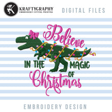 Load image into Gallery viewer, Cute Christmas Dinosaur Machine Embroidery Designs for Girls, T-Rex Christmas Embroidery Patterns, Dinosaur With Christmas Lights Embroidery Files, Tree Rex Pes Files, Christmas Pajamas Embroidery Pes Files-Kraftygraphy
