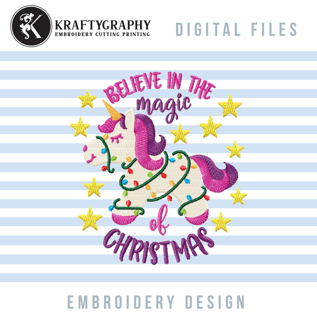 Christmas Unicorn Machine Embroidery Designs, Unicorn With Christmas Lights Embroidery Patterns, Christmas Embroidery Sayings for Girls, Christmas Quotes Pes Files, Believe in the Magic of Christmas, Jef, Hus, Exp, Dst, Hus, vp3, XXX-Kraftygraphy