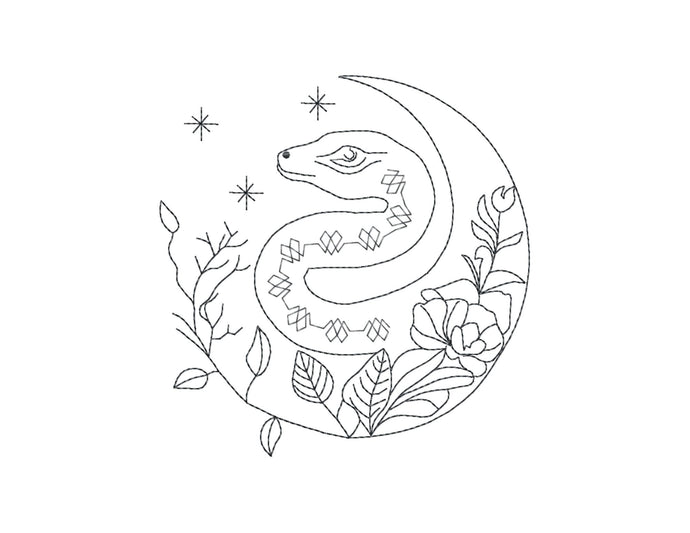 Celestial embroidery designs - snake with moon and flowers-Kraftygraphy