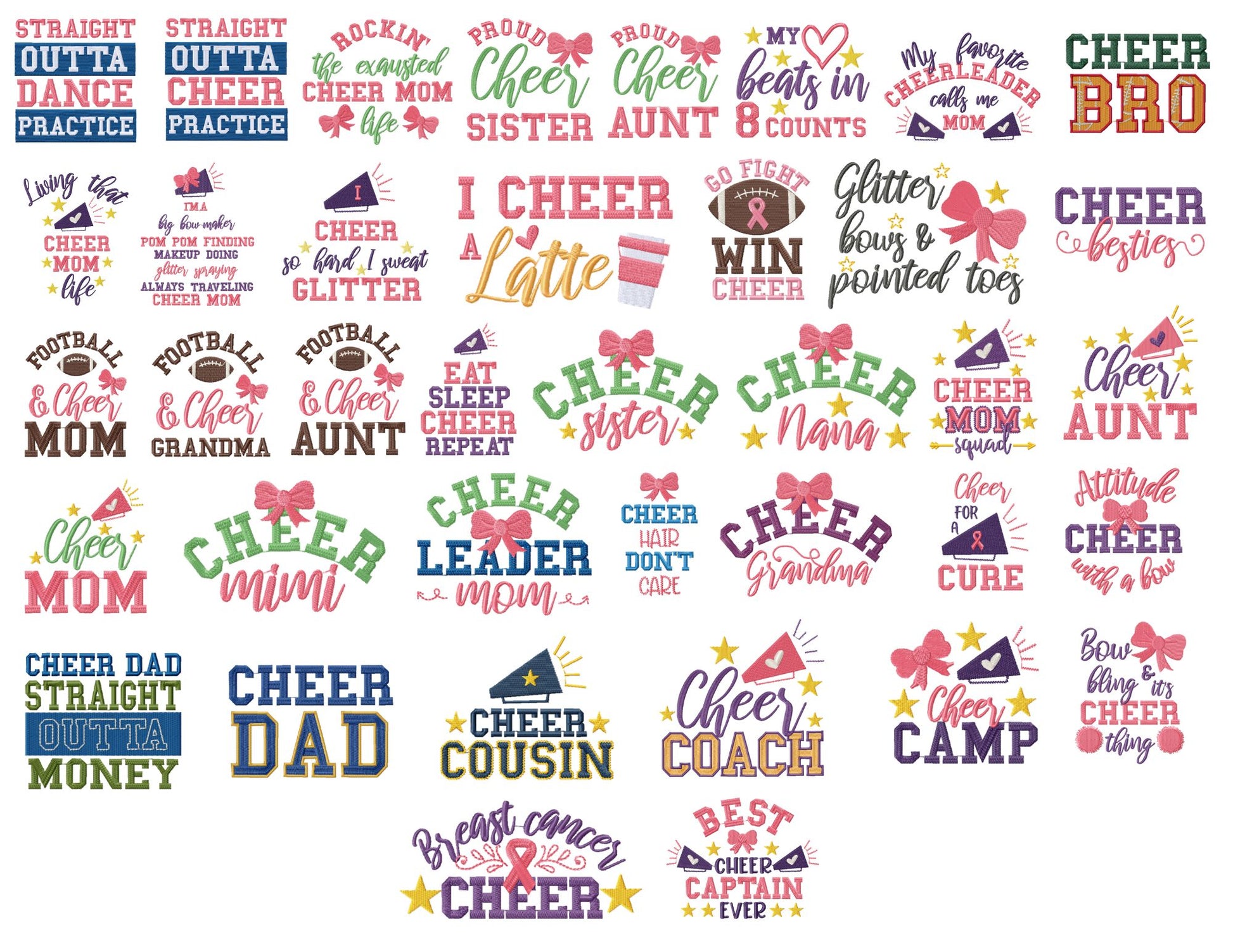 Cheer Embroidery Designs bundle, Cheerleader Uniform Embroidery Patterns, Cheerleading Pes Files, Cheer Bow Embroidery Quotes, Cheer Sayings Embroidery,-Kraftygraphy
