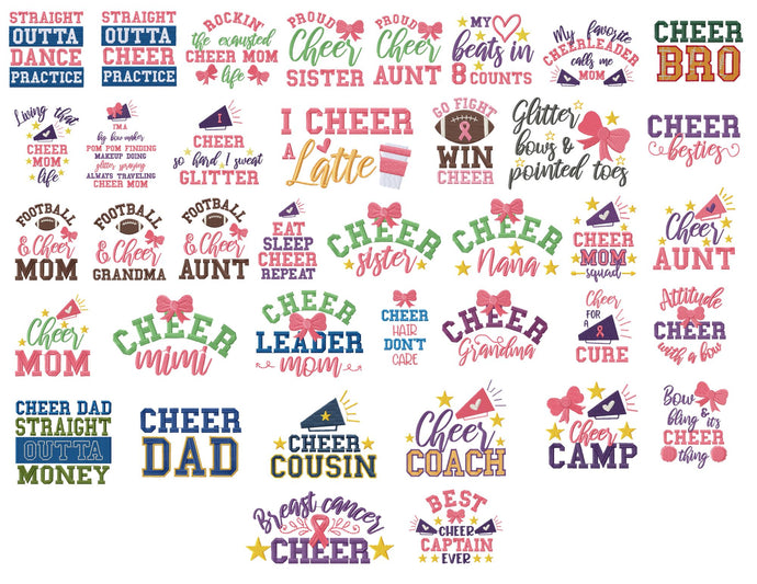 Cheer Embroidery Designs bundle, Cheerleader Uniform Embroidery Patterns, Cheerleading Pes Files, Cheer Bow Embroidery Quotes, Cheer Sayings Embroidery,-Kraftygraphy