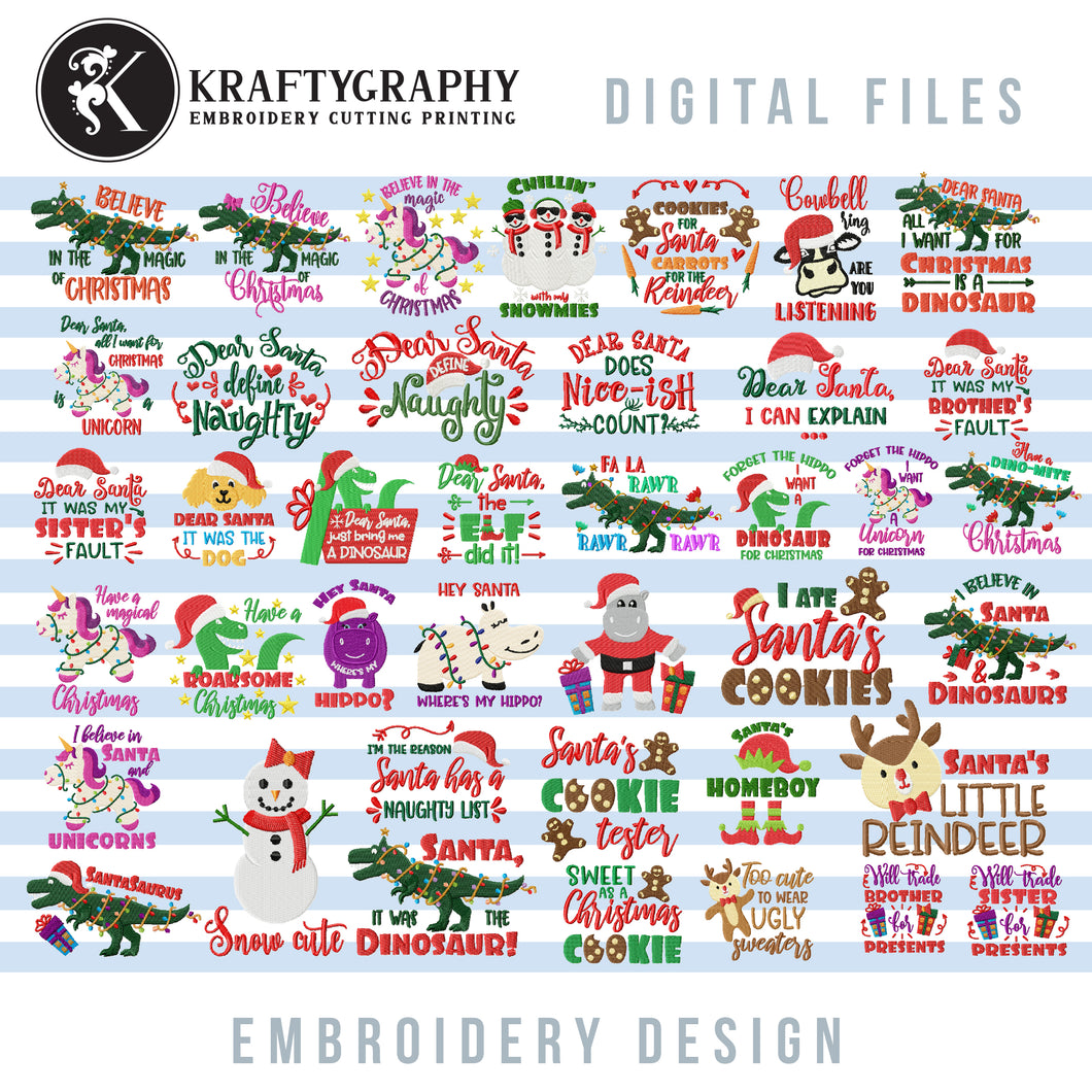 Christmas Unicorn Machine Embroidery Designs, Christmas Dinosaur Embroidery Patterns, Christmas Embroidery Files, Hippo Pes Files, Kids Jef Files, Dog Face With Santa Hat Embroidery, Dinosaur Head Embroidery, Gift Embroidery,-Kraftygraphy