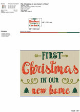 Load image into Gallery viewer, First Christmas in Our New Home Embroidery Designs, 1st Christmas in Our New House Embroidery Patterns, First Christmas Embroidery Sayings, Kitchen Towels Embroidery, Pillow Cover Pes Files, Napkins Embroidery Files-Kraftygraphy
