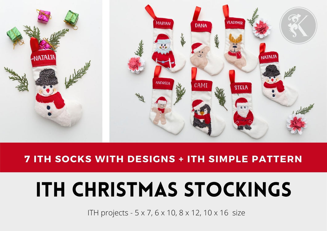 In the Hoop Christmas Stocking Embroidery Designs, ITH Christmas Socks Patterns, Applique Embroidery Files-Kraftygraphy