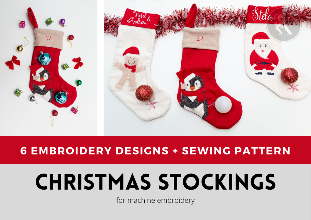 DIY Christmas Stocking Sewing Pattern PDF File, Machine Embroidery Applique, 5 X 7 Hoop Size, With Liner, Cuff and Christmas Animals-Kraftygraphy