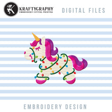 Load image into Gallery viewer, Cute Christmas Unicorn Machine Embroidery Designs, Christmas Lights Embroidery Patterns, Baby Girl Christmas Embroidery Files, Baby Bibs Embroidery, Baby Bodysuits Embroidery, Girl Shirt Embroidery, Girl Christmas Pajama Embroidery-Kraftygraphy
