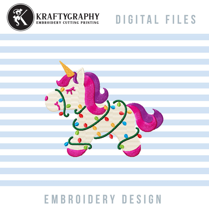 Cute Christmas Unicorn Machine Embroidery Designs, Christmas Lights Embroidery Patterns, Baby Girl Christmas Embroidery Files, Baby Bibs Embroidery, Baby Bodysuits Embroidery, Girl Shirt Embroidery, Girl Christmas Pajama Embroidery-Kraftygraphy