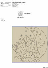 Load image into Gallery viewer, Celestial embroidery designs - Chrystals, flowers and moon-Kraftygraphy
