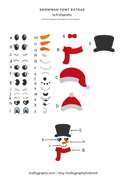 Snowman Embroidery Design Generator, Bx Embroidery Font, Snowman Face, Hat and Shall-Kraftygraphy