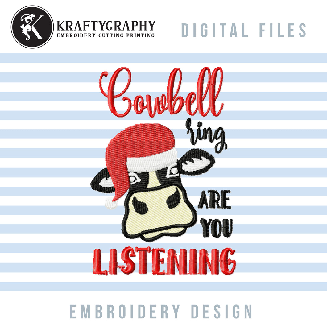 Christmas Cow Embroidery Designs, Heifer Head Embroidery Patterns, Christmas Embroidery Sayings, Christmas Ornaments Pes Files, Cow With Santa Hat Jef Files, Christmas Pajamas Embroidery, Cowbell Ring Are You Listening-Kraftygraphy