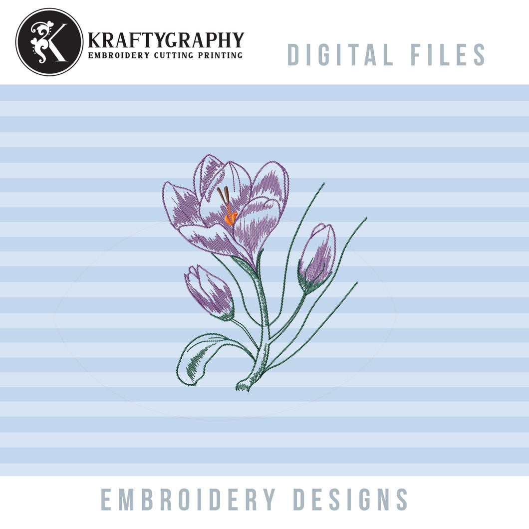 Crocus Flower Embroidery Design for Machine, Spring Flowers in Sketch Style-Kraftygraphy