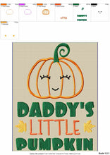 Load image into Gallery viewer, Cute Pumpkin Face Machine Embroidery Design for Baby, Daddy’s Little Pumpkin, fall embroidery-Kraftygraphy

