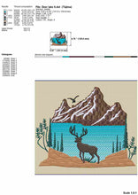 Load image into Gallery viewer, Beautiful mountain landscape with deer and lake embroidery design for nature lover, 3 sizes, fill stitch-Kraftygraphy
