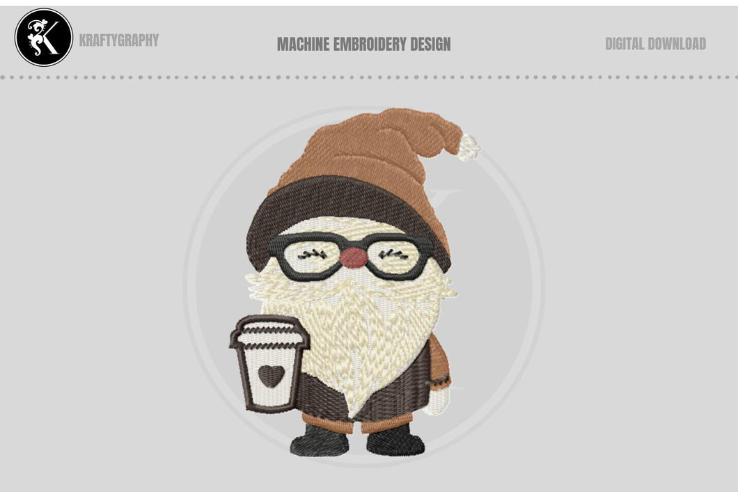 Coffee Gnome machine embroidery design - fill stitch - 4 sizes - instant download-Kraftygraphy