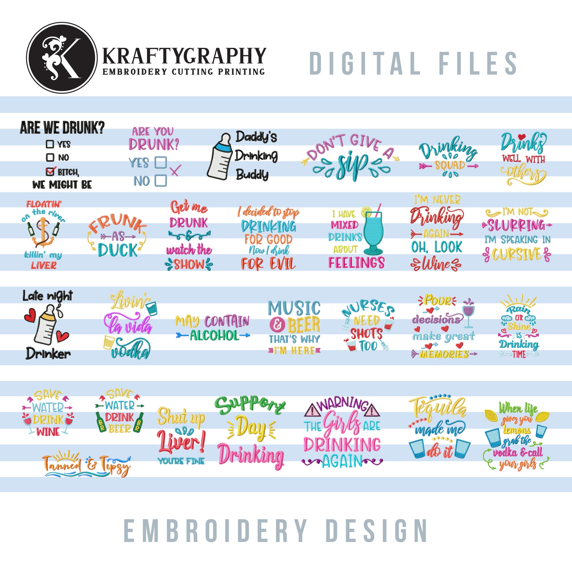 Drinking Machine Embroidery Designs Bundle, Adult Humor Embroidery Patterns, Alcohol Embroidery Files, Beer Embroidery, Wine Embroidery, Cocktail Embroidery, Kitchen Embroidery, Holiday Pes Files-Kraftygraphy
