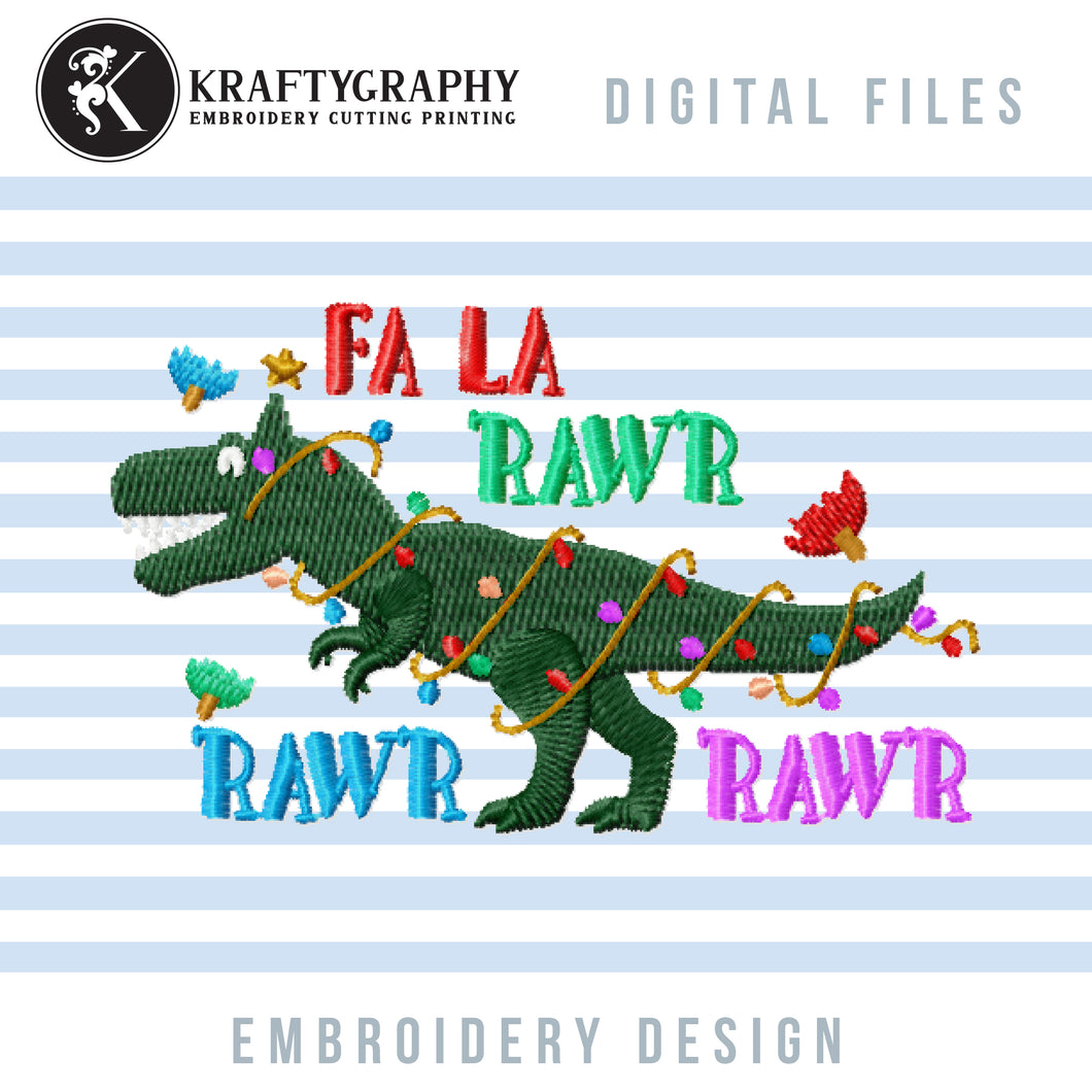 Christmas Dinosaur Embroidery Sayings, Kids Christmas Embroidery Patterns, Fa la Rawr Rawr Pes Files, Word Art Embroidery Files, T-Rex Jef Files, Dino Dst Files, Holiday Embroidery-Kraftygraphy