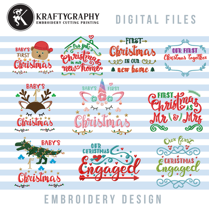 Baby's First Christmas Embroidery Designs, 1st Christmas Embroidery Patterns, New Home Embroidery Sayings, Engaged Embroidery Pes Files, Married Jef Files, Couple Hus, Together vp3, 2020 Embroidery-Kraftygraphy