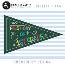 Load image into Gallery viewer, First Day of School Machine Embroidery Designs, 1st Grade Flag Embroidery Patterns, Kindergarten Banner Pes Files, Preschool Pennant Jef Files, Back to School Shirts Embroidery Files-Kraftygraphy
