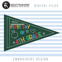 Load image into Gallery viewer, First Day of School Machine Embroidery Designs, 1st Grade Flag Embroidery Patterns, Kindergarten Banner Pes Files, Preschool Pennant Jef Files, Back to School Shirts Embroidery Files-Kraftygraphy
