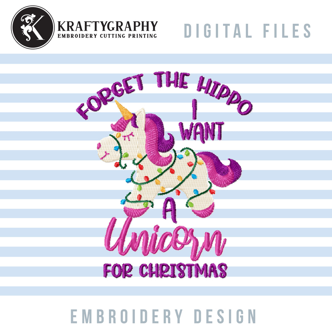 Funny Christmas Unicorn Embroidery Designs, Kids Christmas Embroidery Patterns, Dear Santa Forget the Hippo I Want a Unicorn Embroidery Files, Unicorn With Christmas Lights Pes Files-Kraftygraphy